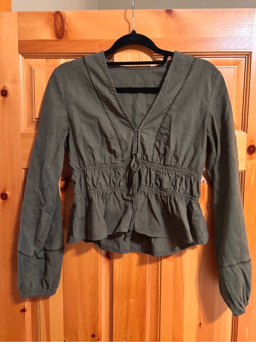 Women's Olive Green Peplum V-Neck Tie Front Top